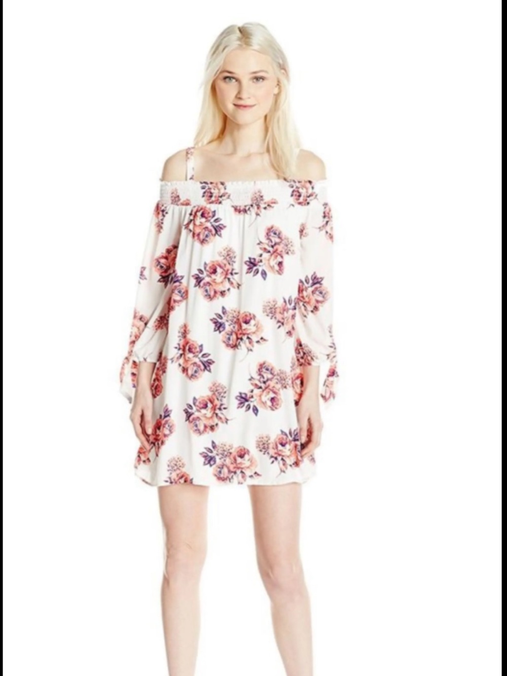 Lily Rose Floral Off-Shoulder Smocked Dress - White with Pink Roses party size L